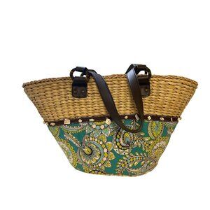 Vera Bradley Straw Tote Bag With Paisley Design, Leather Straps, Lined Interior